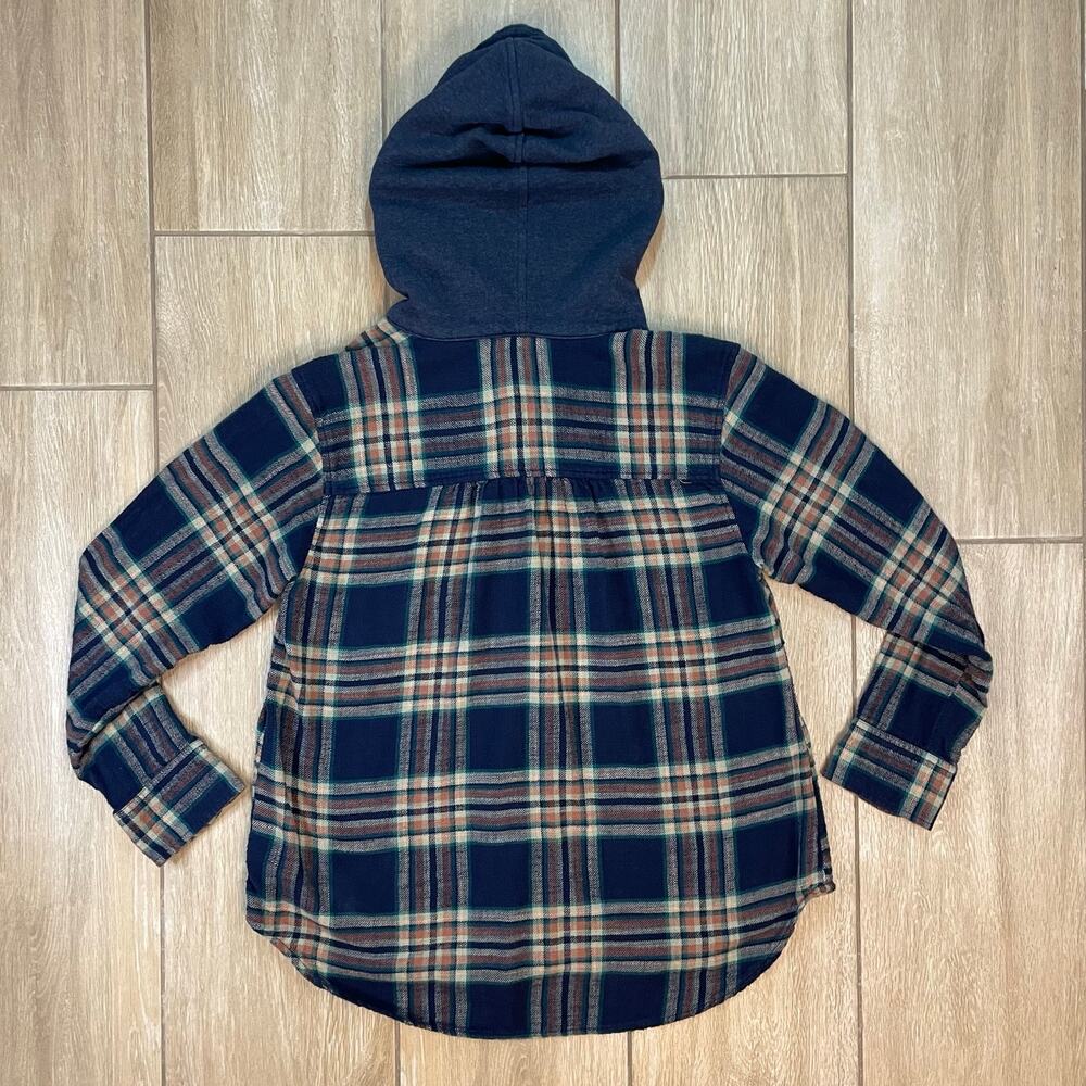 American Eagle Hooded Flannel Shirt Women’s Small Blue Green Plaid Button Front - Picture 3 of 7